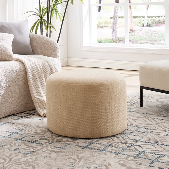 Zesthouse 22.6" Wide Round Ottoman, Modern Ottoman Coffee Table for Living Room, Linen Fabric Couch Foot Rest, Upholstered Footstool for Makeup Room, Bedroom, Entryway, Beige