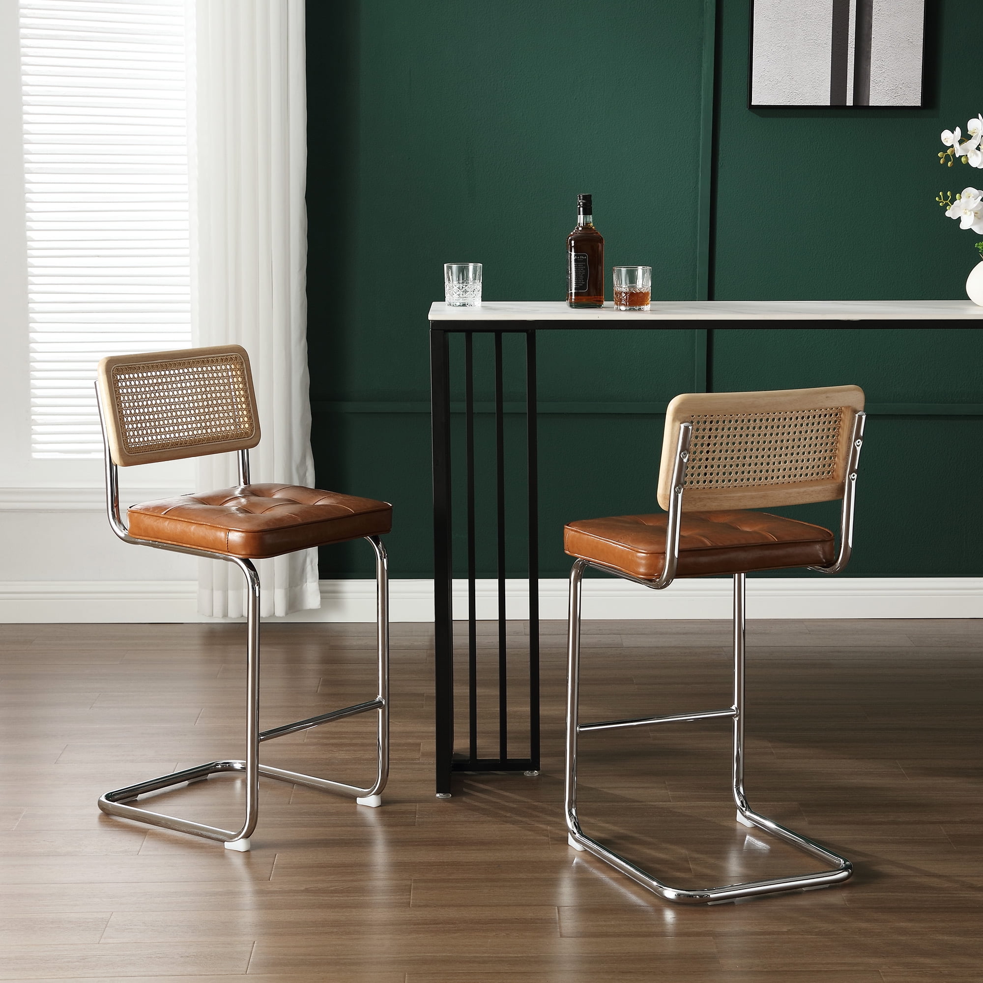 Zesthouse 23.6" Rattan Counter Height Bar Stools Set Of 2, Faux Leather ...