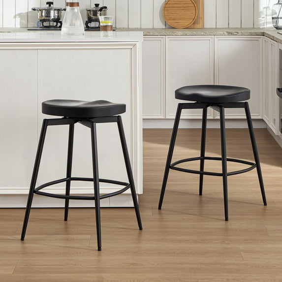 Zesthouse 25″ Swivel Counter Stools Set of 2, Mid-Century Backless Counter Height Bar Stools with Metal Legs, Solid Wood Saddle Seating Barstools for Kitchen Island, Black
