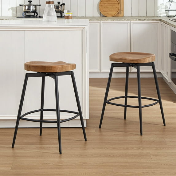 Zesthouse 25″ Swivel Counter Stools Set of 2, Farmhouse Backless Counter Height Bar Stools with Metal Legs, Solid Wood Saddle Seating Barstools for Kitchen Island, Brown