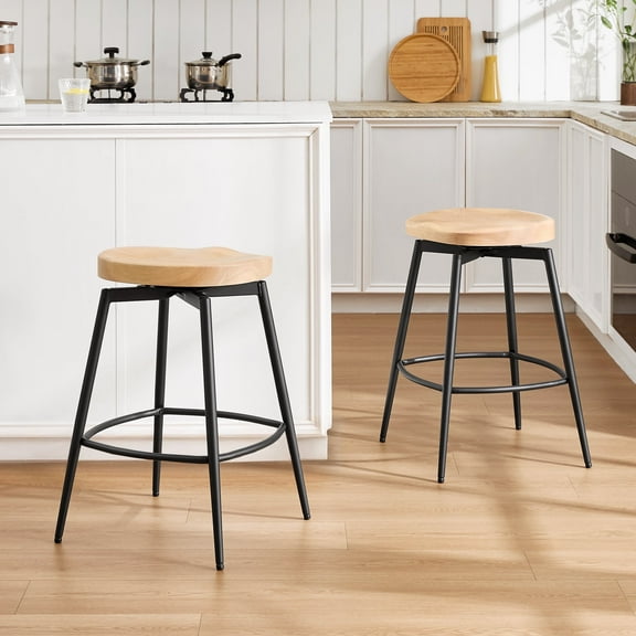 Zesthouse 25″ Swivel Counter Stools Set of 2, Mid-Century Backless Counter Height Barstools with Metal Legs, Solid Rubber Wood Bar Chairs for Kitchen Island, Natural