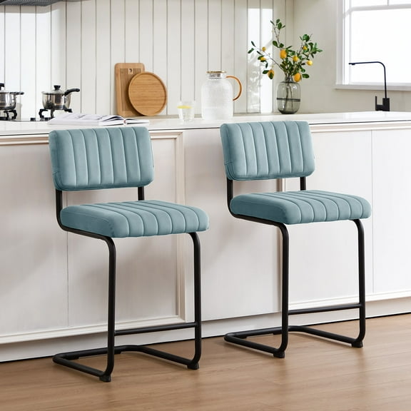 Zesthouse 24" Counter Stools Set of 2, Velvet Tufted Counter Height Chairs with Back and Metal Legs, Mid Century Modern Bar Stools for Kitchen Island, Blue