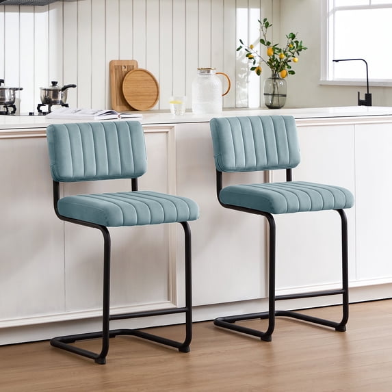 Zesthouse 24.6" Counter Stools Set of 2, Velvet Tufted Counter Height Chairs with Back and Metal Legs, Mid Century Modern Bar Stools for Kitchen Island, Blue