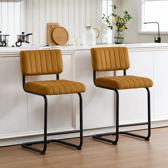 Zesthouse 24" Counter Stools Set of 2, Velvet Tufted Counter Height Chairs with Back and Metal Legs, Mid Century Modern Bar Stools for Kitchen Island, Orange