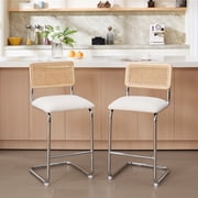 Zesthouse 26 Rattan Counter Height Bar Stools Set of 2, Boucle Upholstered Barstools with Cane Back and Chrome Base, Mid Century Counter Height Chairs for Kitchen Island, White