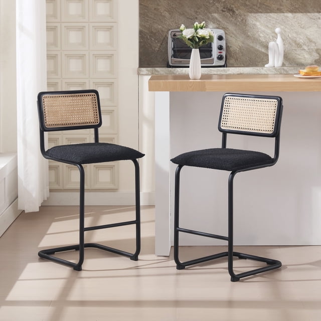 "Zesthouse 25.4"" Rattan Counter Stools Set of 2, Boucle Fabric, Black ...