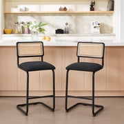 Zesthouse 26" Rattan Counter Height Bar Stools Set of 2, Boucle Upholstered Barstools with Cane Back and Metal Base, Mid Century Counter Height Chairs for Kitchen Island, Black