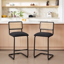 Zesthouse 26" Rattan Counter Height Bar Stools Set of 2, Boucle Upholstered Barstools with Cane Back and Metal Base, Mid Century Counter Height Chairs for Kitchen Island, Black