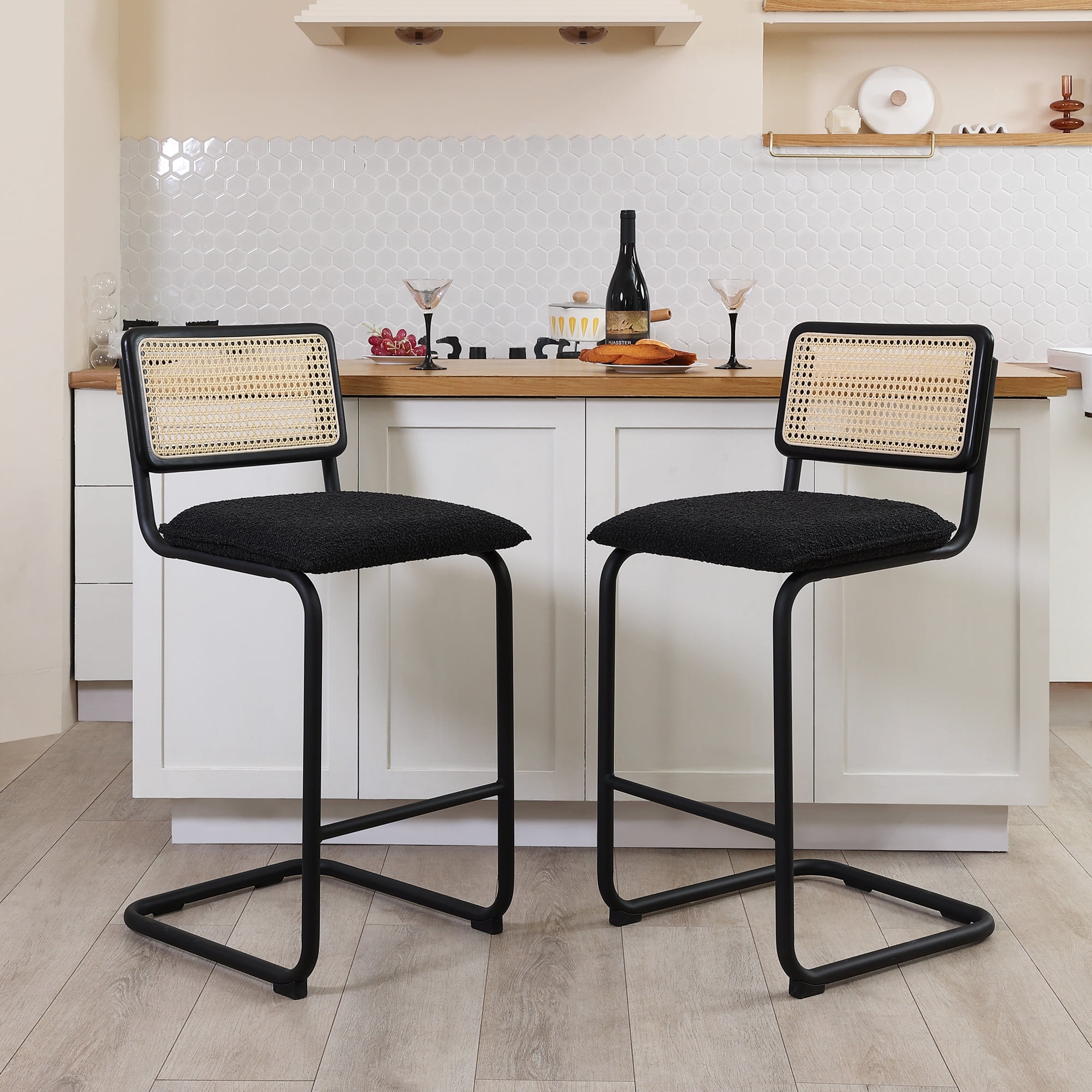Zesthouse 25.4" Rattan Counter Stools Set of 2, Mid Century Modern Boucle Counter Height Bar ...
