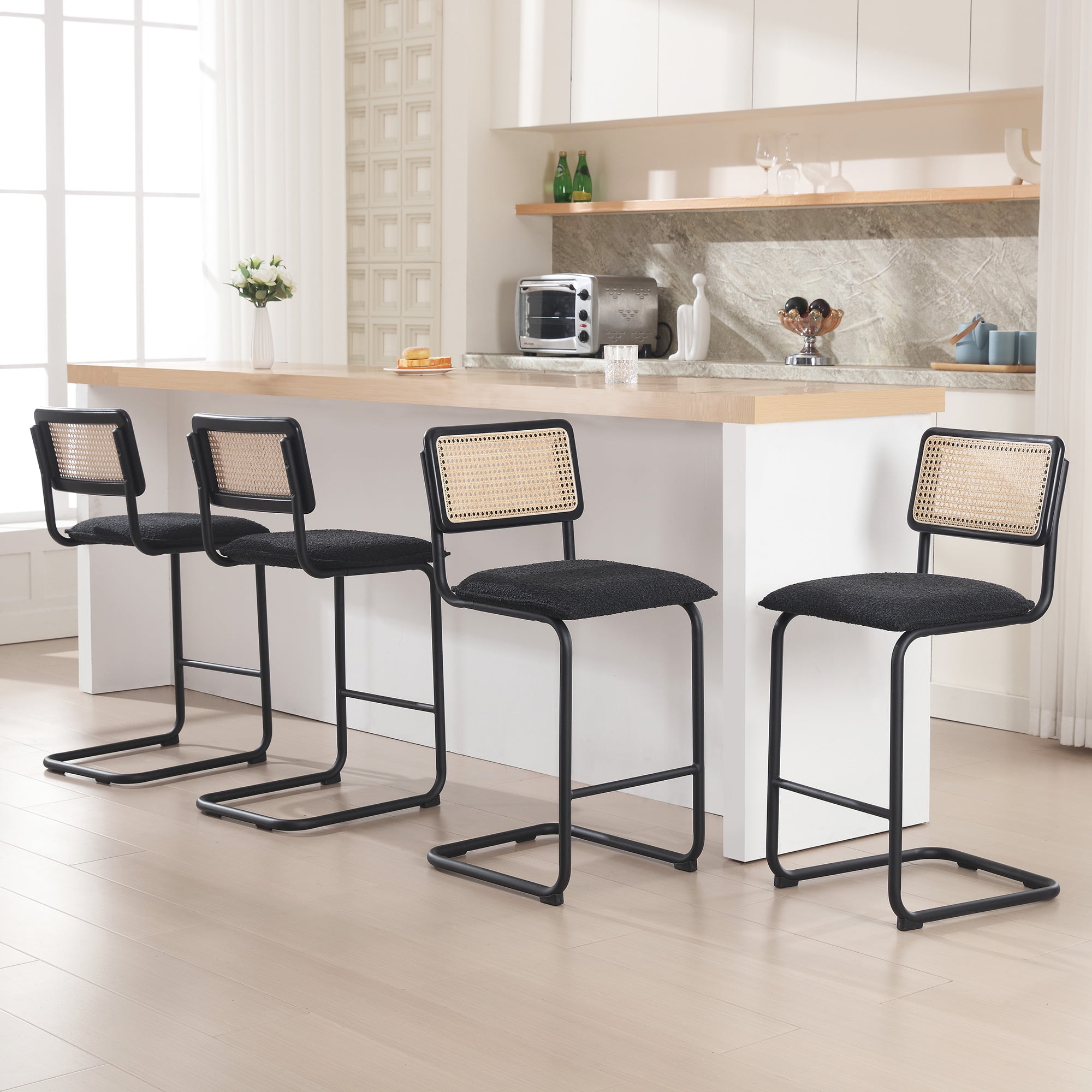 Zesthouse 25.4 Rattan Counter Stools Set of 4 Mid Century Modern Boucle Fabric Counter Height Bar Stools with Cane Woven Back Black