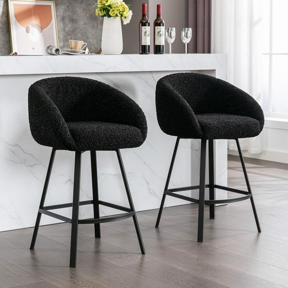 Zesthouse 26.4" Counter Height Swivel Bar Stools Set of 2, Sherpa Barrel Bar Stools with Backs, Modern Boucle Counter Stools for Pub Kitchen Island, Black