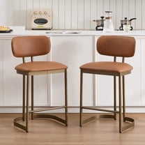 Zesthouse 25.6" Modern Counter Height Bar Stools Set of 2, Faux Leather Upholstered with Curved Back, Antique Brass Metal Base, Kitchen Island Bar Chairs, Brown