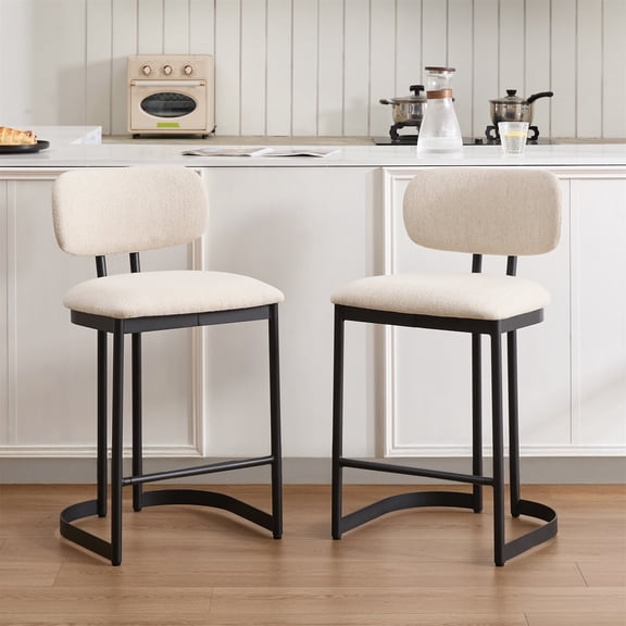 Zesthouse 25.6" Modern Counter Height Bar Stools Set of 2, Upholstered Linen Barstools with Curved Back, Black Metal Base, Kitchen Island Bar Chairs, Beige