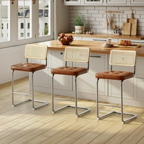 Zesthouse 25.6″ Natural Rattan Counter Stools Set of 3, Mid Century Modern Bar Stools with Cane Back & Chrome Legs, Cantilevered Design, Upholstered Faux Leather Barstools for Kitchen Island, Brown