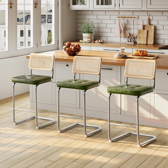 Zesthouse 26″ Natural Rattan Counter Stools Set of 3, Mid Century Modern Bar Stools with Cane Back & Chrome Legs, Cantilevered Design, Upholstered Faux Leather Barstools for Kitchen Island, Green