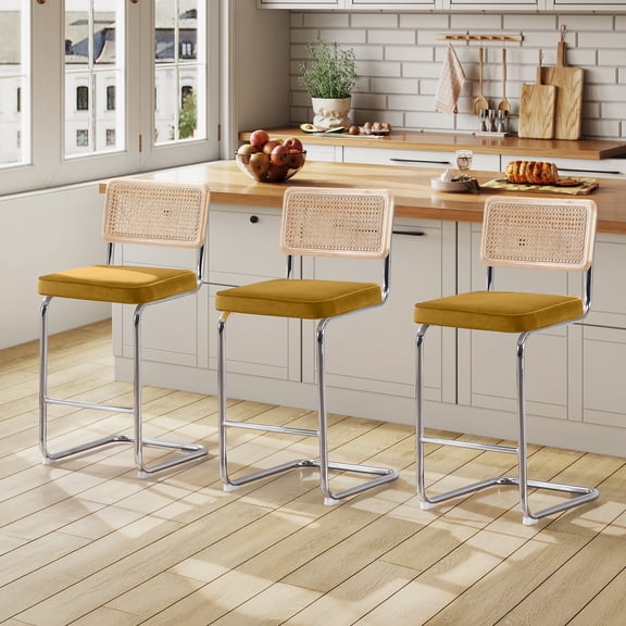 Zesthouse 25.6″ Natural Rattan Counter Stools Set of 3, Mid Century Modern Bar Stools with Cane Back & Chrome Legs, Cantilevered Design, Upholstered Velvet Barstools for Kitchen Island, Yellow