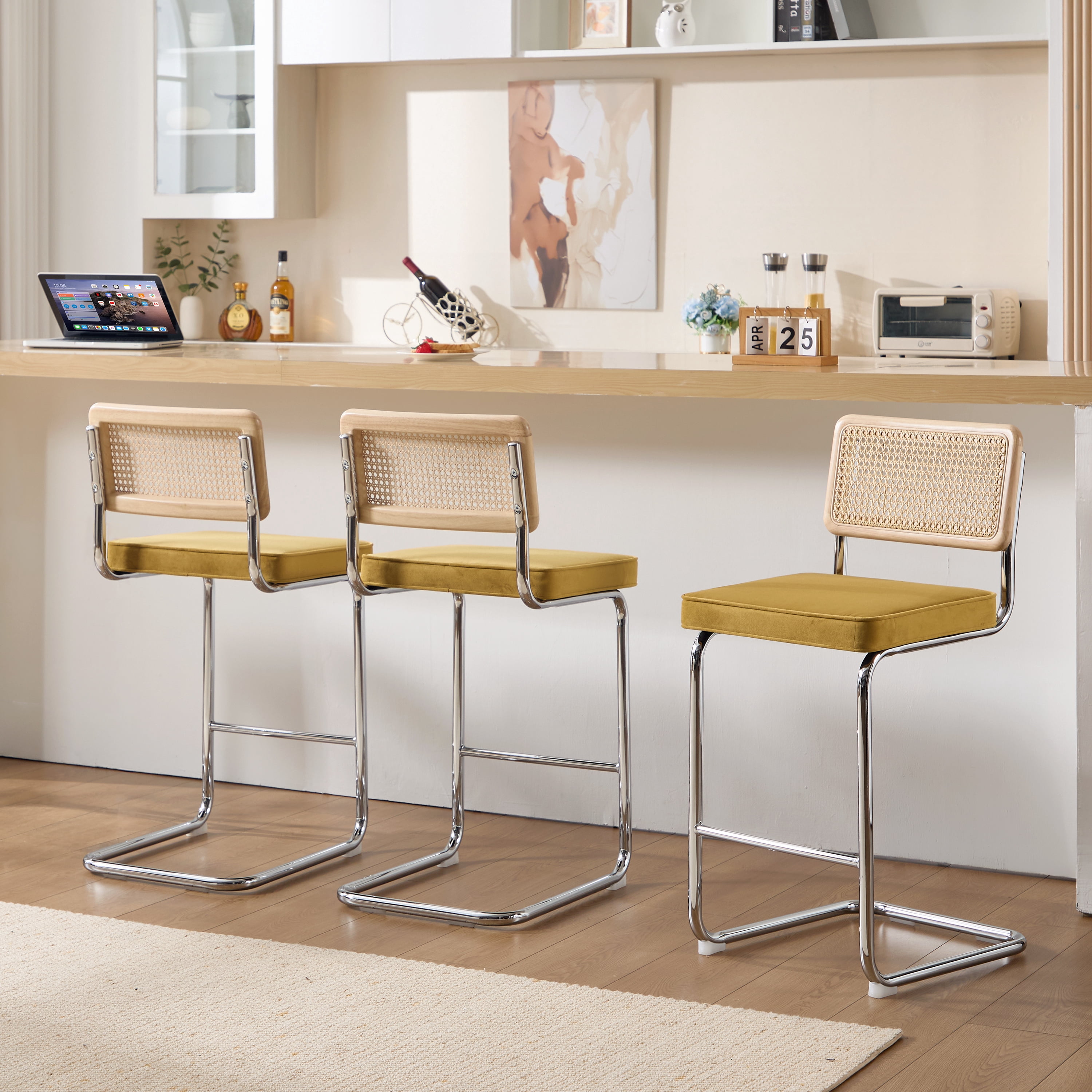 Zesthouse 26″ Natural Rattan Counter Stools Set of 3, Mid Century ...