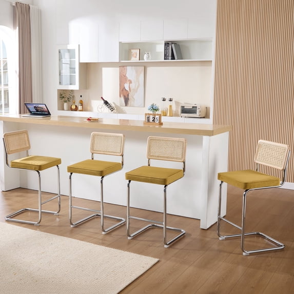 Zesthouse 26″ Natural Rattan Counter Stools Set of 4, Mid Century Modern Bar Stools with Cane Back & Chrome Legs, Cantilevered Design, Upholstered Velvet Barstools for Kitchen Island, Yellow