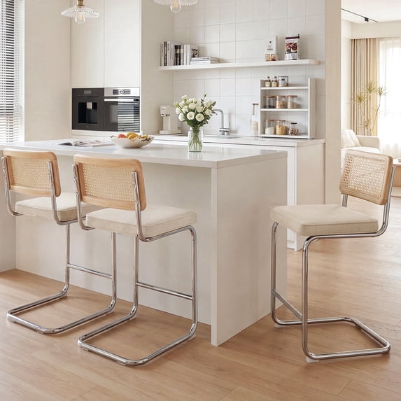 Zesthouse 26″ Rattan Bar Stools Set of 3, Linen Fabric Counter Height Chairs with Cane Back & Chrome Legs, Mid Century Cantilevered Design Barstools for Kitchen Island, Beige