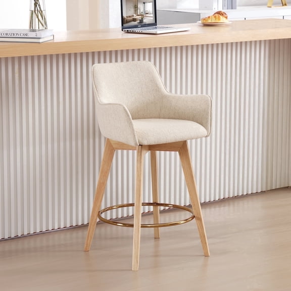 Zesthouse 26.6" Modern Bar Stools Counter Height, Swivel Single Bar Stool for Kitchen Island, Upholstered Linen Barstools with Barrel Back, Arms and Solid Wood Legs, Beige