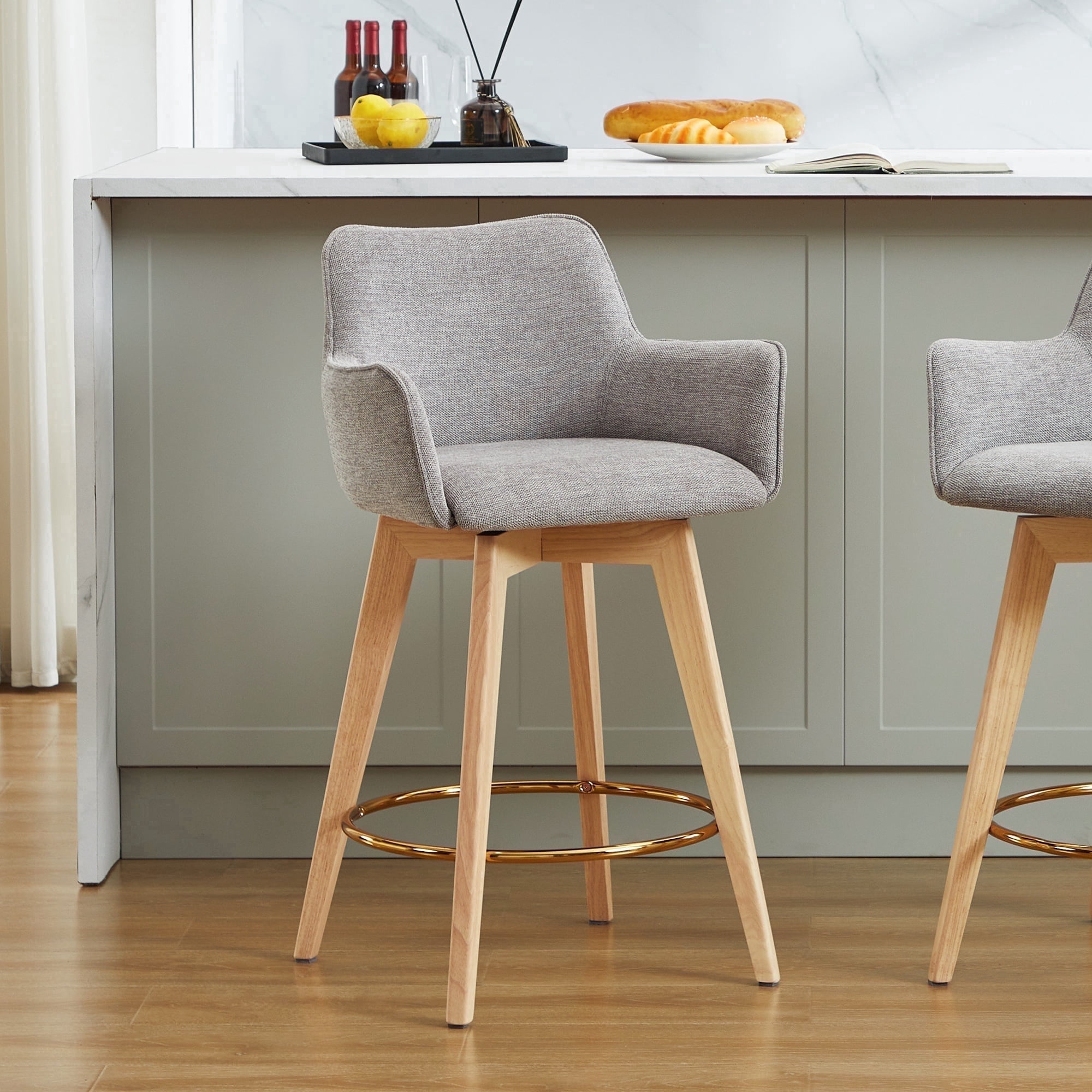 Zesthouse 26.6" Modern Bar Stools Counter Height, Swivel Single Bar Stool for Kitchen Island, Upholstered Linen Barstools with Barrel Back, Arms and Solid Wood Legs, Gray