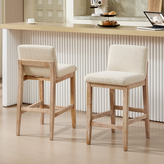 Zesthouse 25.8" Modern Bar Stools Set of 2, Wooden Counter Height Barstools with Back, Upholstered Linen Counter Stools with Distressed Solid Wood Legs for Kitchen Island, Beige