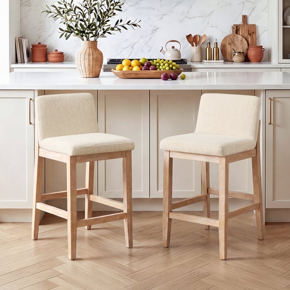Zesthouse 25.8" Modern Bar Stools Set of 2, Wooden Counter Height Barstools with Back, Upholstered Linen Counter Stools with Distressed Solid Wood Legs for Kitchen Island, Beige