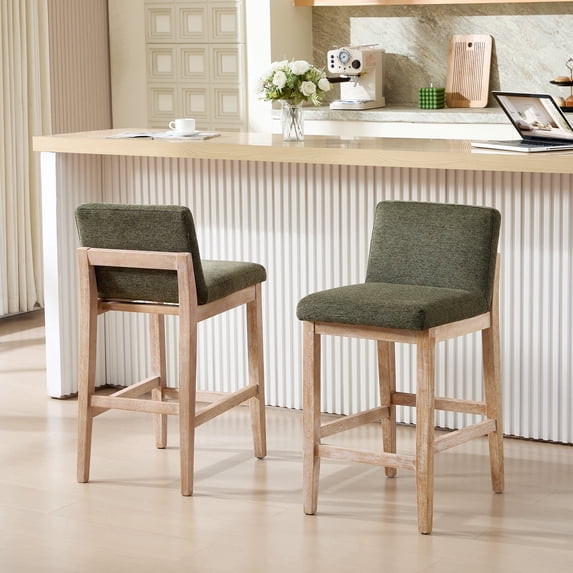 Zesthouse 25.8" Modern Bar Stools Set of 2, Wooden Counter Height Barstools with Back, Upholstered Linen Counter Stools with Distressed Solid Wood Legs for Kitchen Island, Green