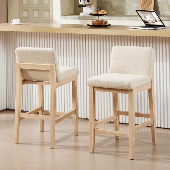 Zesthouse 25.8" Modern Bar Stools Set of 2, Wooden Counter Height Barstools with Back, Upholstered Linen Counter Stools with Natural Solid Wood Legs for Kitchen Island, Beige