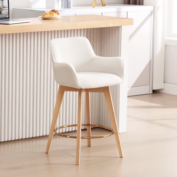 Zesthouse 25.8" Modern Bar Stools, Swivel Single Counter Height Chairs for Kitchen Island, Upholstered Boucle Barstools with Barrel Back, Arms and Wood Legs, Sherpa Fabric Kitchen Bar Chair, White