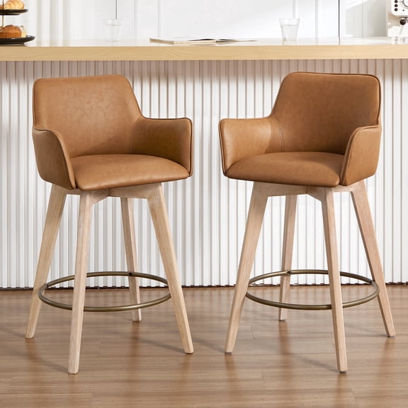 Zesthouse 26.6" Swivel Counter Height Bar Stools Set of 2, Upholstered Faux Leather Barstool with Curved Back and Wood Legs, Mid Century Modern Counter Height Chairs for Pub Kitchen Island, Brown