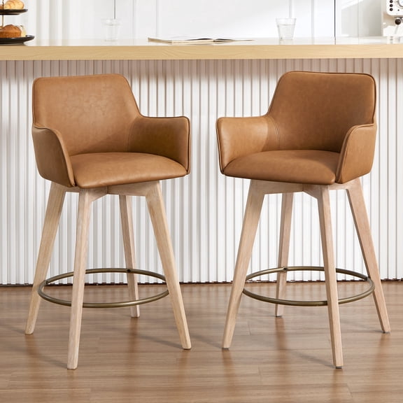 Zesthouse 25.8" Swivel Counter Height Bar Stools Set of 2, Upholstered Faux Leather Barstool with Curved Back and Wood Legs, Mid Century Modern Counter Height Chairs for Pub Kitchen Island, Brown