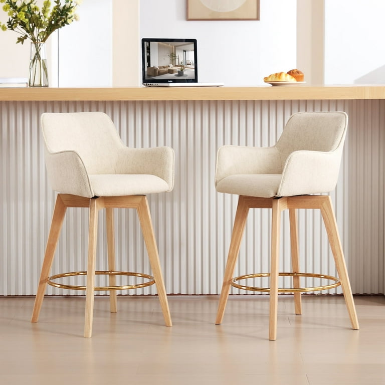 Zesthouse Swivel Counter Height Bar Stools Set of 2 25.8 Upholstered Linen Barstool with Curved Back and Wood Legs Mid Century Modern Counter Height Chairs for Pub Kitchen Island Beige Walmart