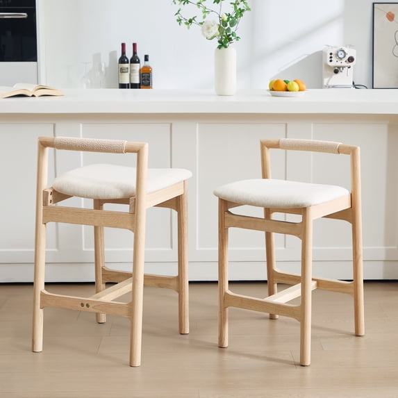 Zesthouse 25.8" Wooden Counter Height Stools Set of 2, Mid Century Kitchen Bar Stools with Paper Cord Backrest & Raw Solid Wood Legs, Farmhouse Linen Upholstered Barstools for Kitchen Island, Beige
