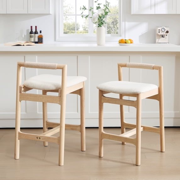 Zesthouse 25.8" Wooden Counter Height Stools Set of 2, Mid Century Kitchen Bar Stools with Paper Cord Backrest & Raw Solid Wood Legs, Farmhouse Linen Upholstered Barstools for Kitchen Island, Beige