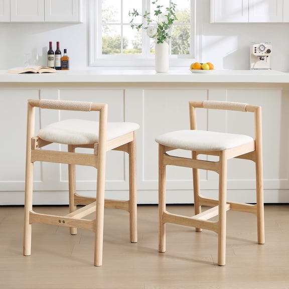 Zesthouse 25.8" Wooden Counter Height Stools Set of 2, Mid Century Kitchen Bar Stools with Paper Cord Backrest & Raw Solid Wood Legs, Farmhouse Linen Upholstered Barstools for Kitchen Island, Beige