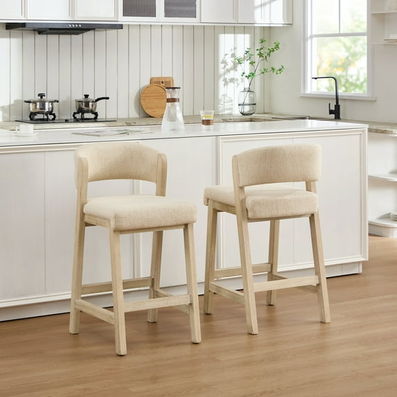 Zesthouse 26.2″ Counter Height Wooden Bar Stools Set of 2, Linen Upholstered Barstools with Curved Backs, Thick Cushion, Yellow Greenish Finish Wood Legs, Modern Bar Chairs for Kitchen Island, Beige