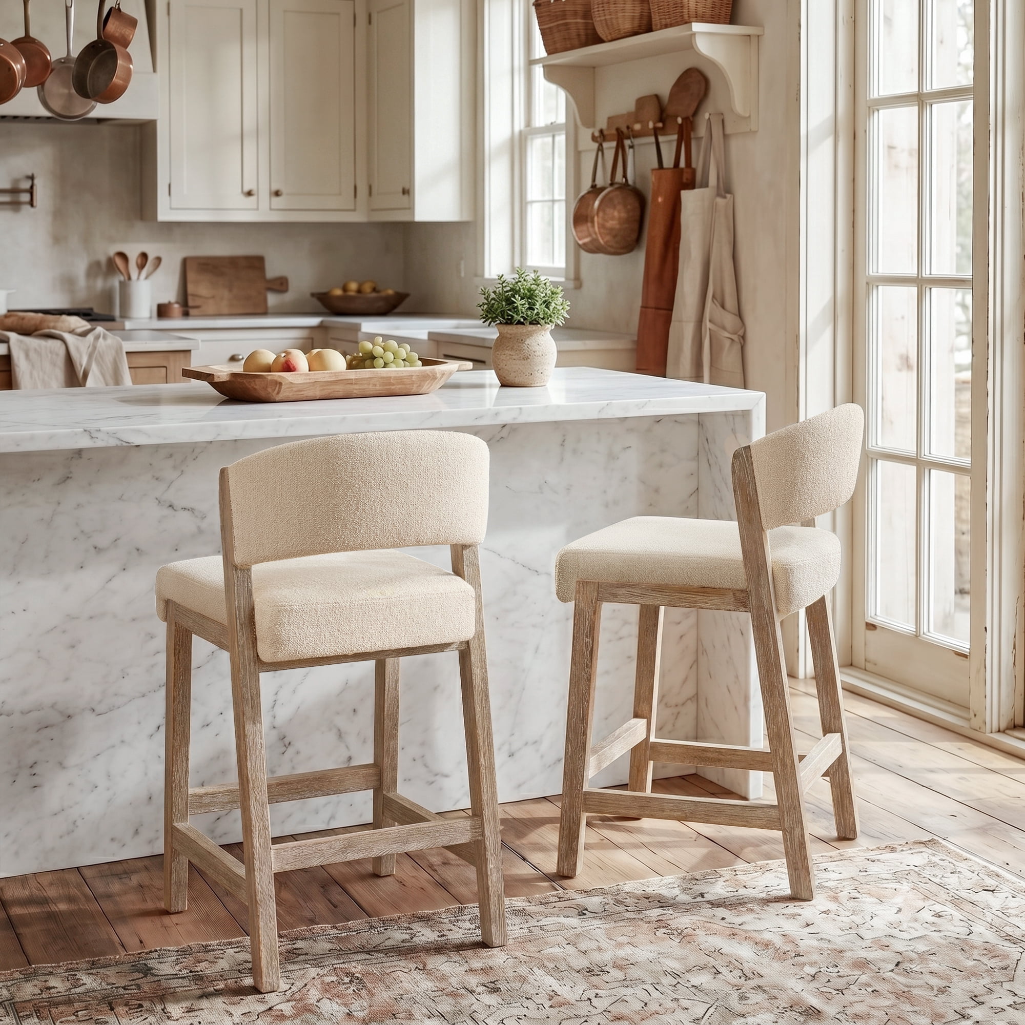 Zesthouse 26.2″ Counter Height Wooden Bar Stools Set of 2, Linen Upholstered Barstools with Curved Backs, Thick Cushion, Vintage Brushed Brown Wood Legs, Modern Bar Chairs for Kitchen Island, Beige