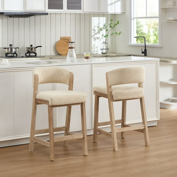 Zesthouse 26.2″ Counter Height Wooden Bar Stools Set of 2, Linen Upholstered Barstools with Curved Backs, Thick Cushion, Vintage Brushed Brown Wood Legs, Modern Bar Chairs for Kitchen Island, Beige