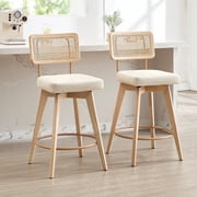 Zesthouse 26.2 Swivel Counter Height Bar Stools Set of 2, Upholstered Linen Counter Stools with Rattan Back, Mid Century Barstools with Solid Wood Frame for Kitchen Island, Beige
