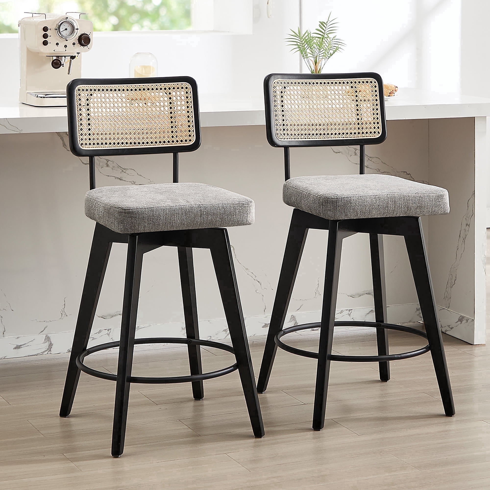 Zesthouse 26.2" Swivel Counter Height Bar Stools Set of 2, Upholstered Linen Counter Stools with Rattan Back, Mid Century Barstools with Solid Wood Frame for Kitchen Island, Gray