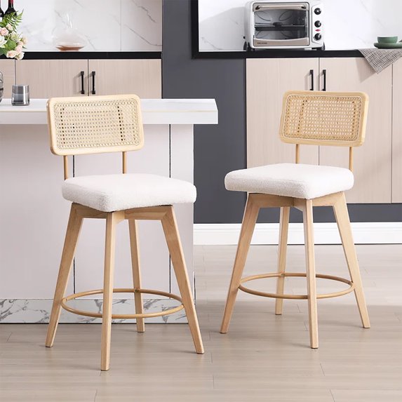 Zesthouse 26.2" Rattan Counter Stools Set of 2, Swivel Sherpa Counter Height Bar Stools with Cane Back and Wooden Legs, Mid Century Barstools for Kitchen Island, White