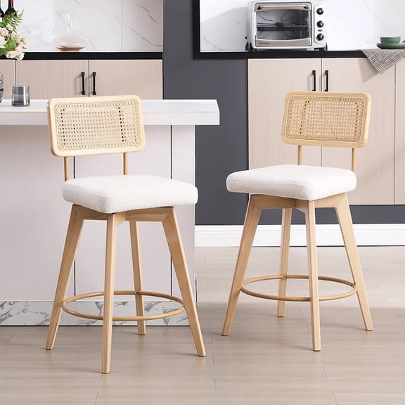 Zesthouse 26.2" Rattan Counter Stools Set of 2, Swivel Sherpa Counter Height Bar Stools with Cane Back and Wooden Legs, Mid Century Barstools for Kitchen Island, White