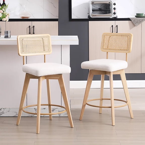 Zesthouse 26.2" Rattan Counter Stools Set of 2, Swivel Sherpa Counter Height Bar Stools with Cane Back and Wooden Legs, Mid Century Barstools for Kitchen Island, White