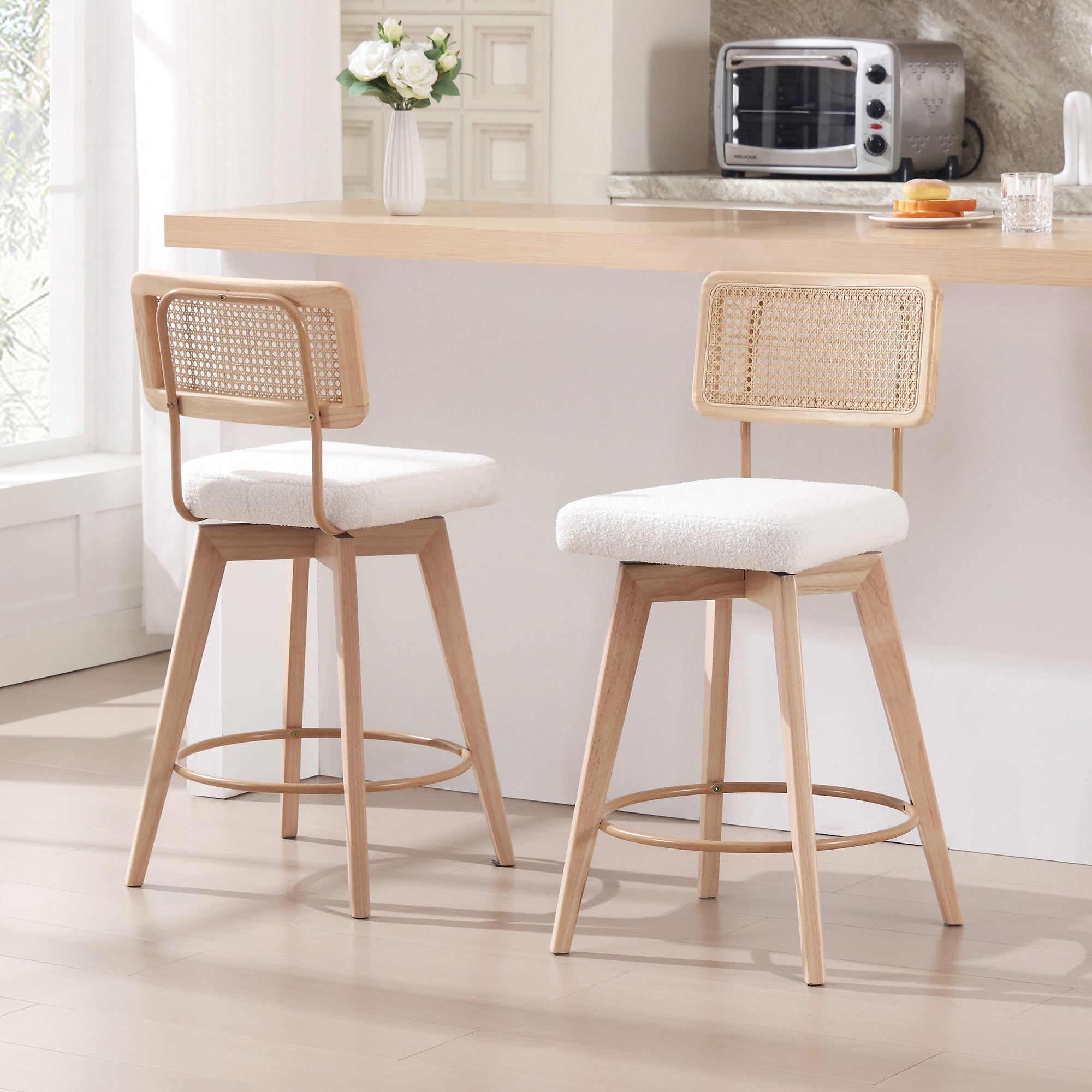 Zesthouse 26.2" Rattan Counter Stools Set of 2, Swivel Sherpa Counter Height Bar Stools with Cane Back and Wooden Legs, Mid Century Barstools for Kitchen Island, White