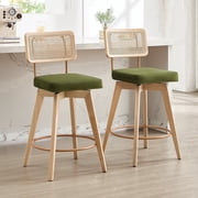 Zesthouse 26.2 Swivel Counter Height Bar Stools Set of 2, Upholstered Velvet Counter Stools with Rattan Back, Mid Century Barstools with Solid Wood Frame for Kitchen Island, Green