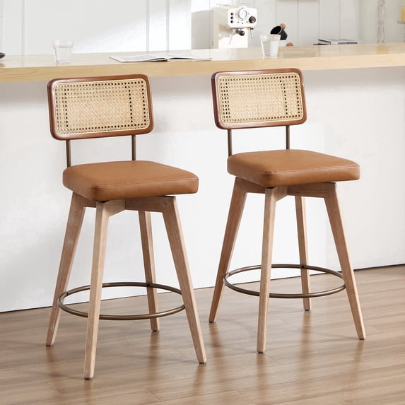 Zesthouse 26.2" Swivel Counter Height Bar Stools Set of 2, Upholstered Faux Leather Counter Stools with Rattan Back, Mid Century Barstools with Solid Wood Frame for Kitchen Island, Brown