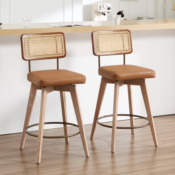 Zesthouse 26.2" Swivel Counter Height Bar Stools Set of 2, Upholstered Faux Leather Counter Stools with Rattan Back, Mid Century Barstools with Solid Wood Frame for Kitchen Island, Brown