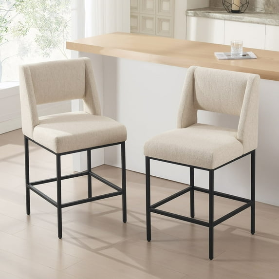 Zesthouse 26.4" Modern Counter Stools Set of 2, Linen Fabric Bar Stools with Back and Metal Legs, Extra Thick Upholstered Counter Height Chairs for Kitchen Island, Beige