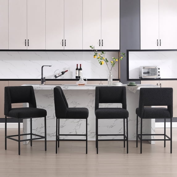 Zesthouse 26.4" Modern Counter Stools Set of 4, Boucle Fabric Bar Stools with Back and Metal Legs, Extra Thick Upholstered Counter Height Chairs for Kitchen Island, Black